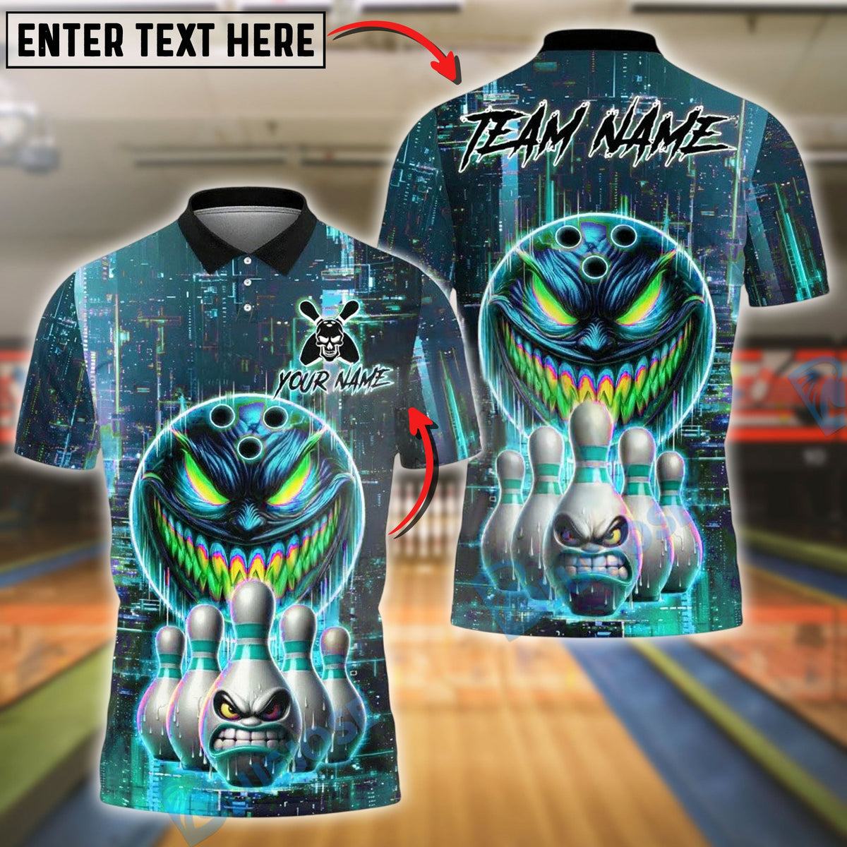 BlueJose Bowling And Pins Tech Monster Customized Name, Team Name 3D Shirt (4 Colors)