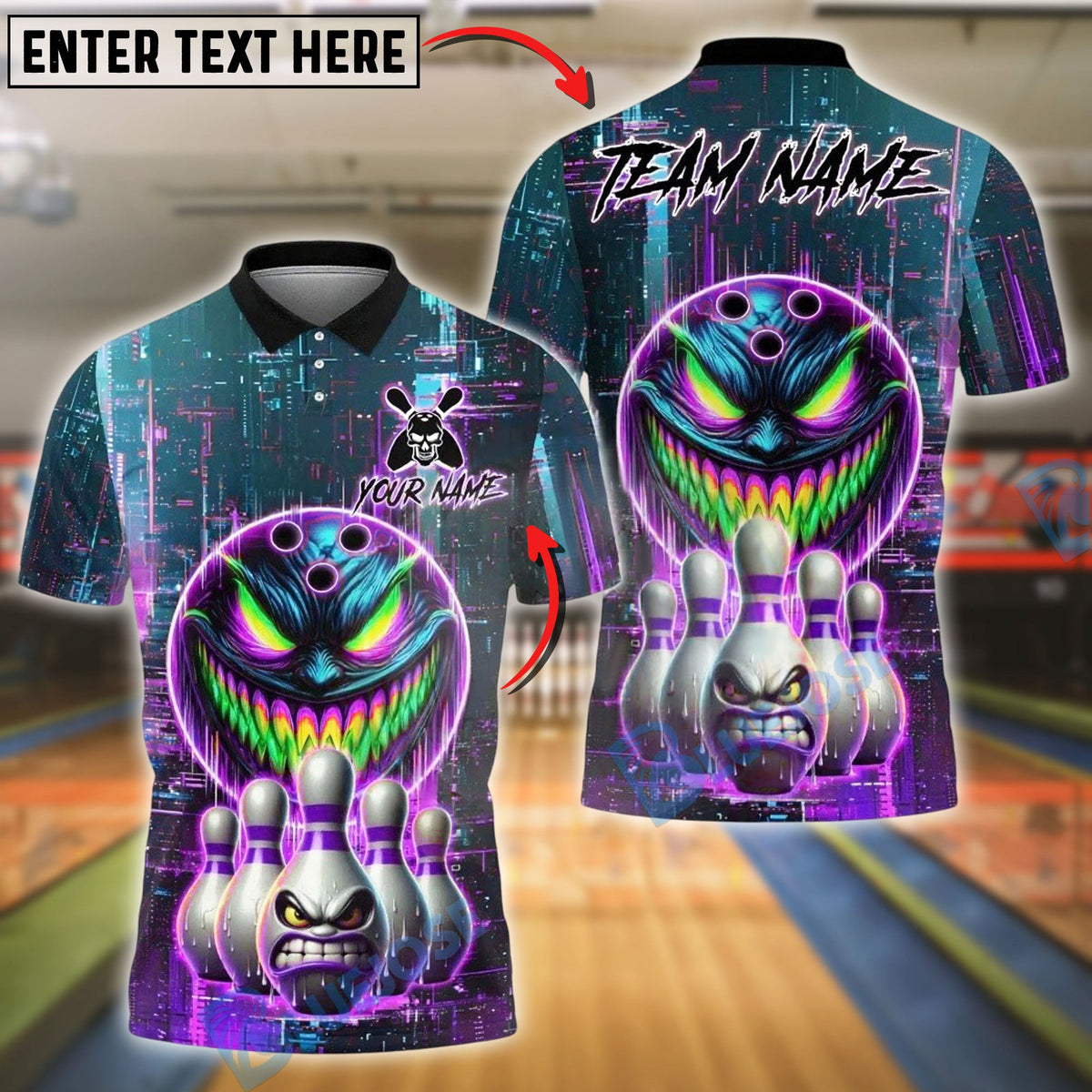 BlueJose Bowling And Pins Tech Monster Customized Name, Team Name 3D Shirt (4 Colors)