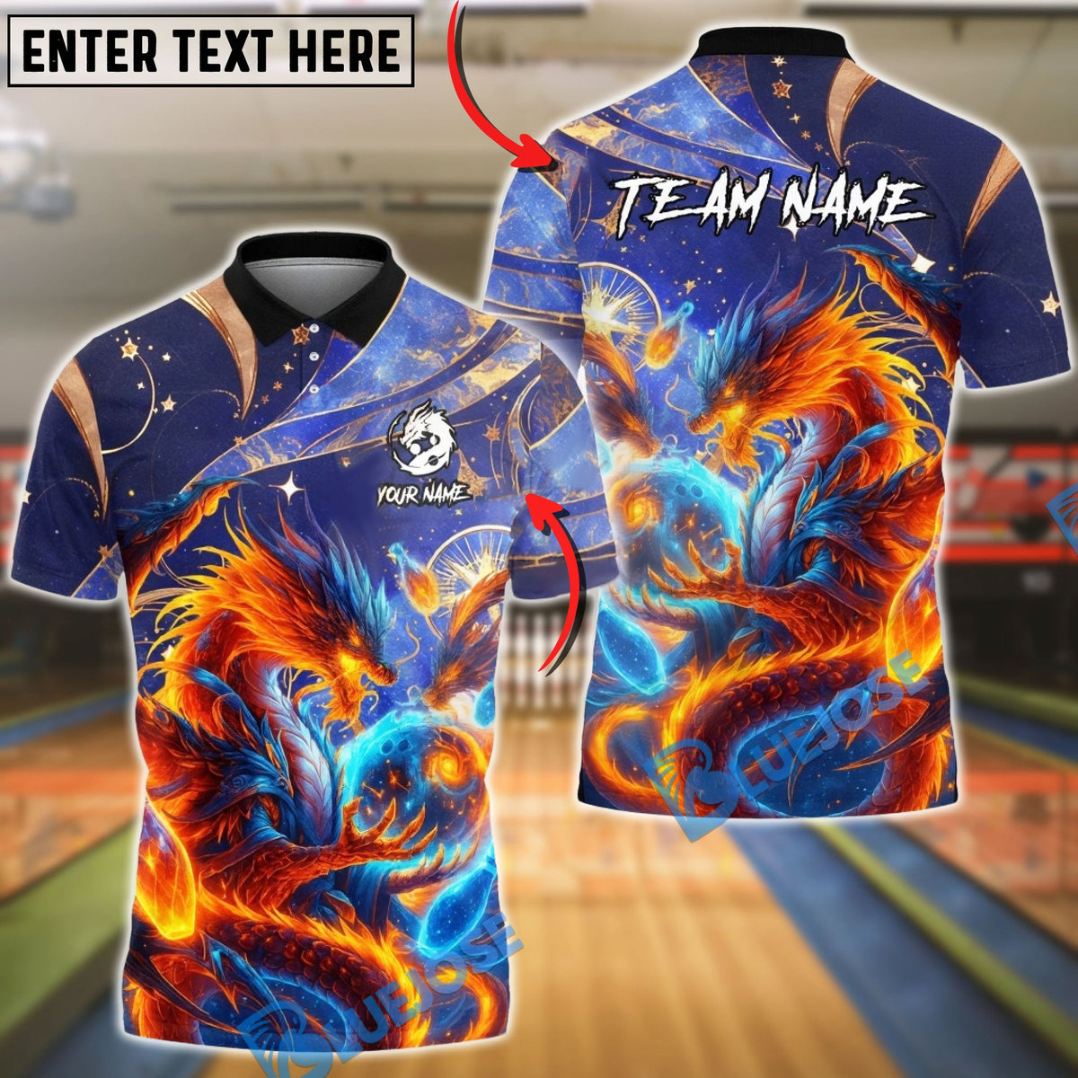 BlueJose Bowling Cosmic Dragon Mythic Flame Customized Name, Team Name 3D Shirt (4 Colors)