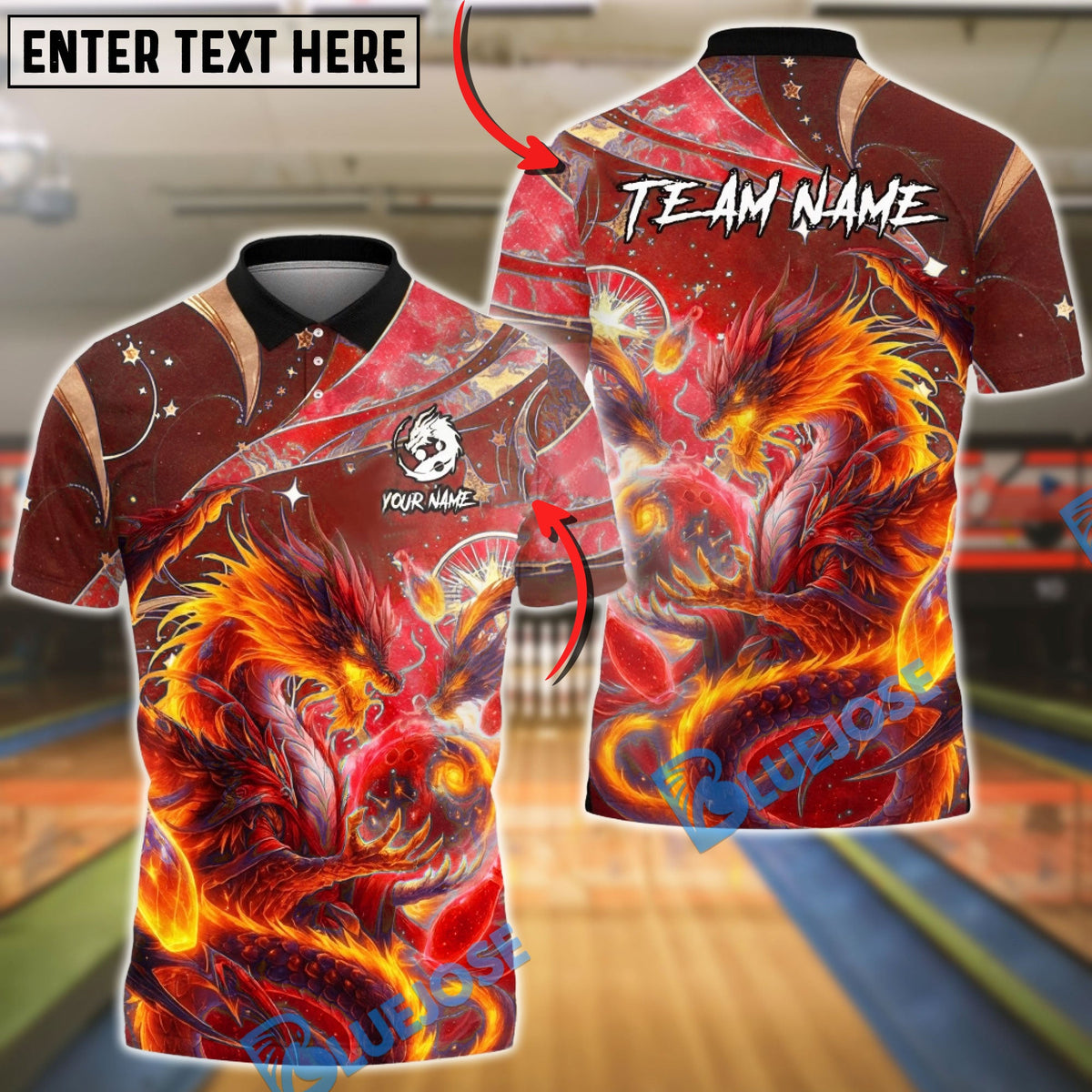 BlueJose Bowling Cosmic Dragon Mythic Flame Customized Name, Team Name 3D Shirt (4 Colors)