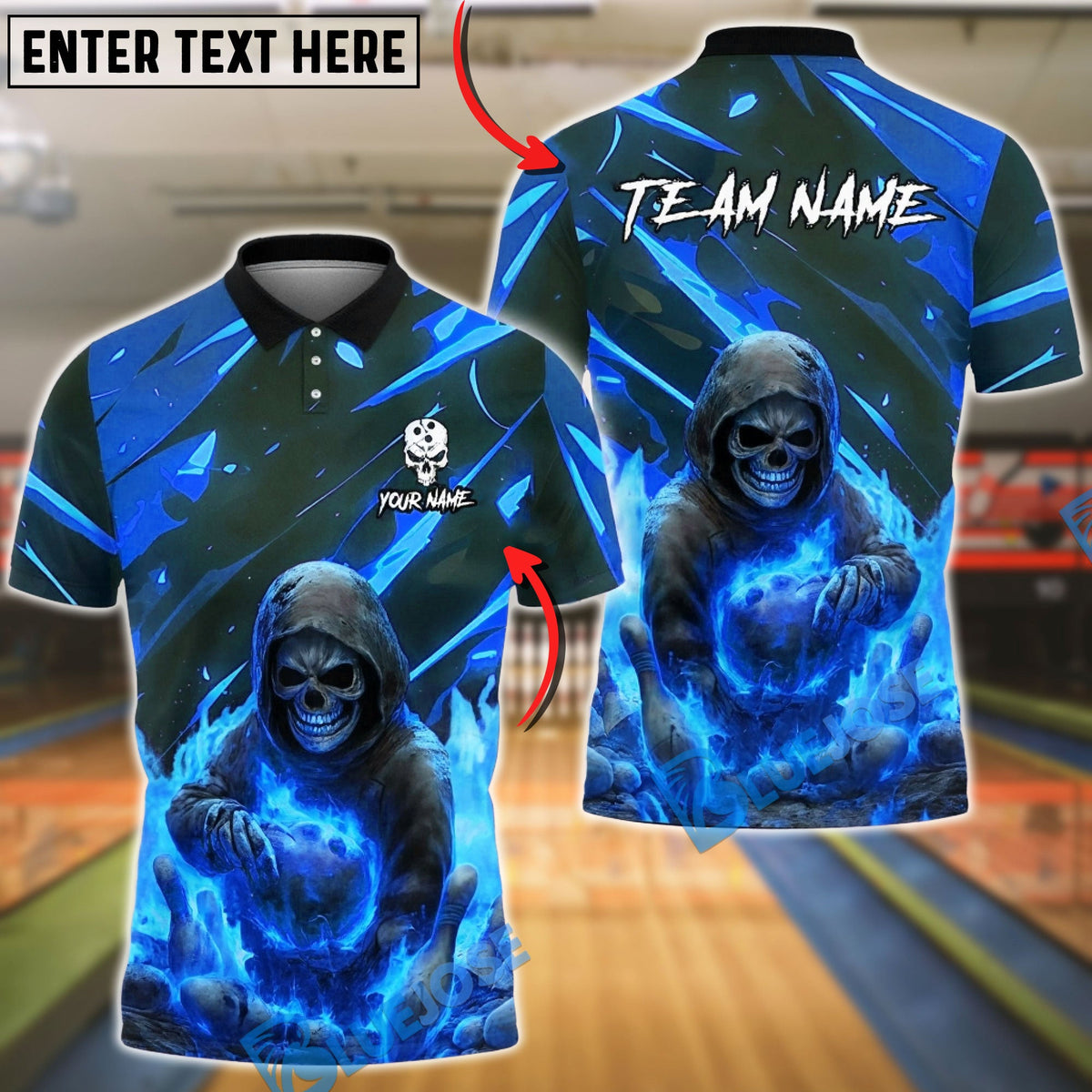 BlueJose Bowling Fire Reaper Skull Flame Customized Name, Team Name 3D Shirt (4 Colors)
