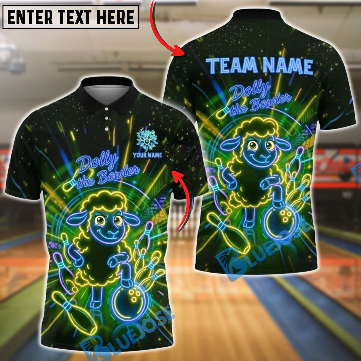 BlueJose Bowling & Pin Neon Dolly the Bowler Sheep Customized Name, Team Name 3D Shirt (4 Colors)