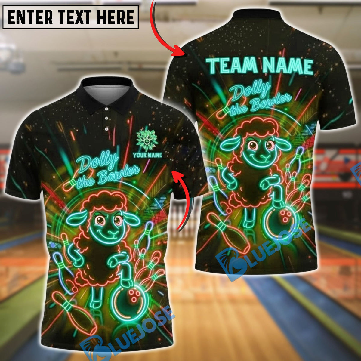 BlueJose Bowling & Pin Neon Dolly the Bowler Sheep Customized Name, Team Name 3D Shirt (4 Colors)