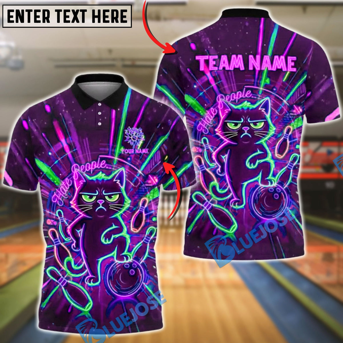 BlueJose Bowling & Pin Neon Grumpy Cat Hate People Art Customized Name, Team Name 3D Shirt (4 Colors)