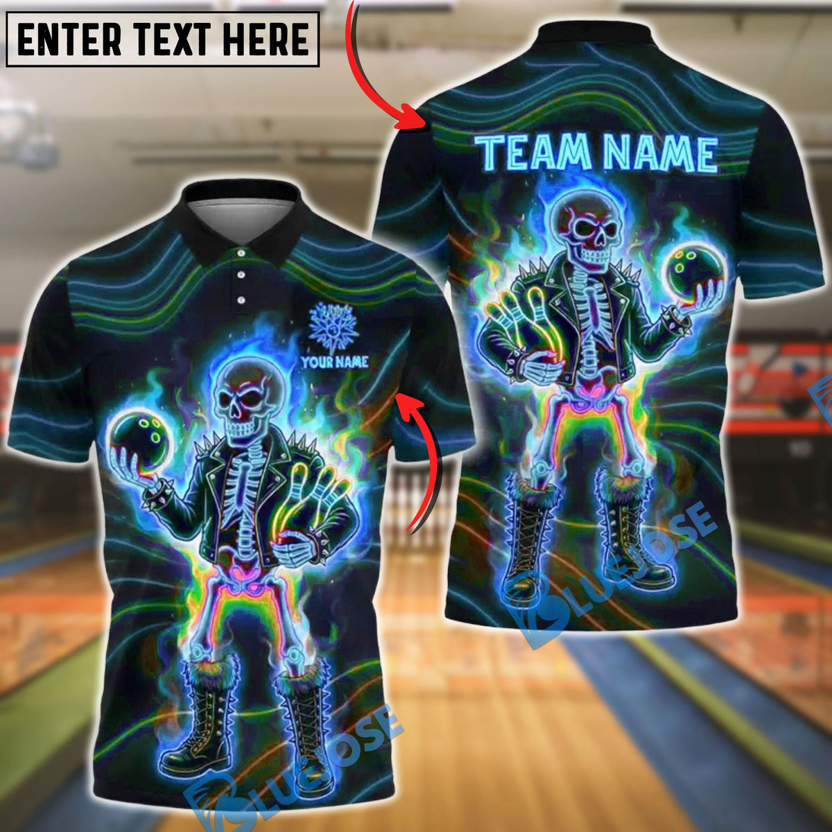 BlueJose Bowling & Pin Neon Skeleton Bowler Punk Style Art Customized Name, Team Name 3D Shirt (4 Colors)