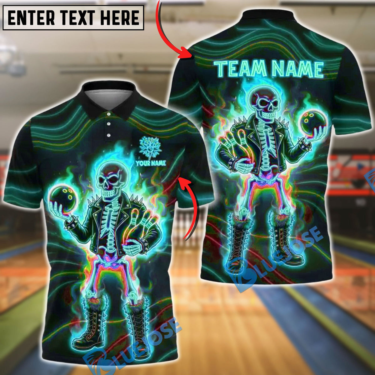 BlueJose Bowling & Pin Neon Skeleton Bowler Punk Style Art Customized Name, Team Name 3D Shirt (4 Colors)
