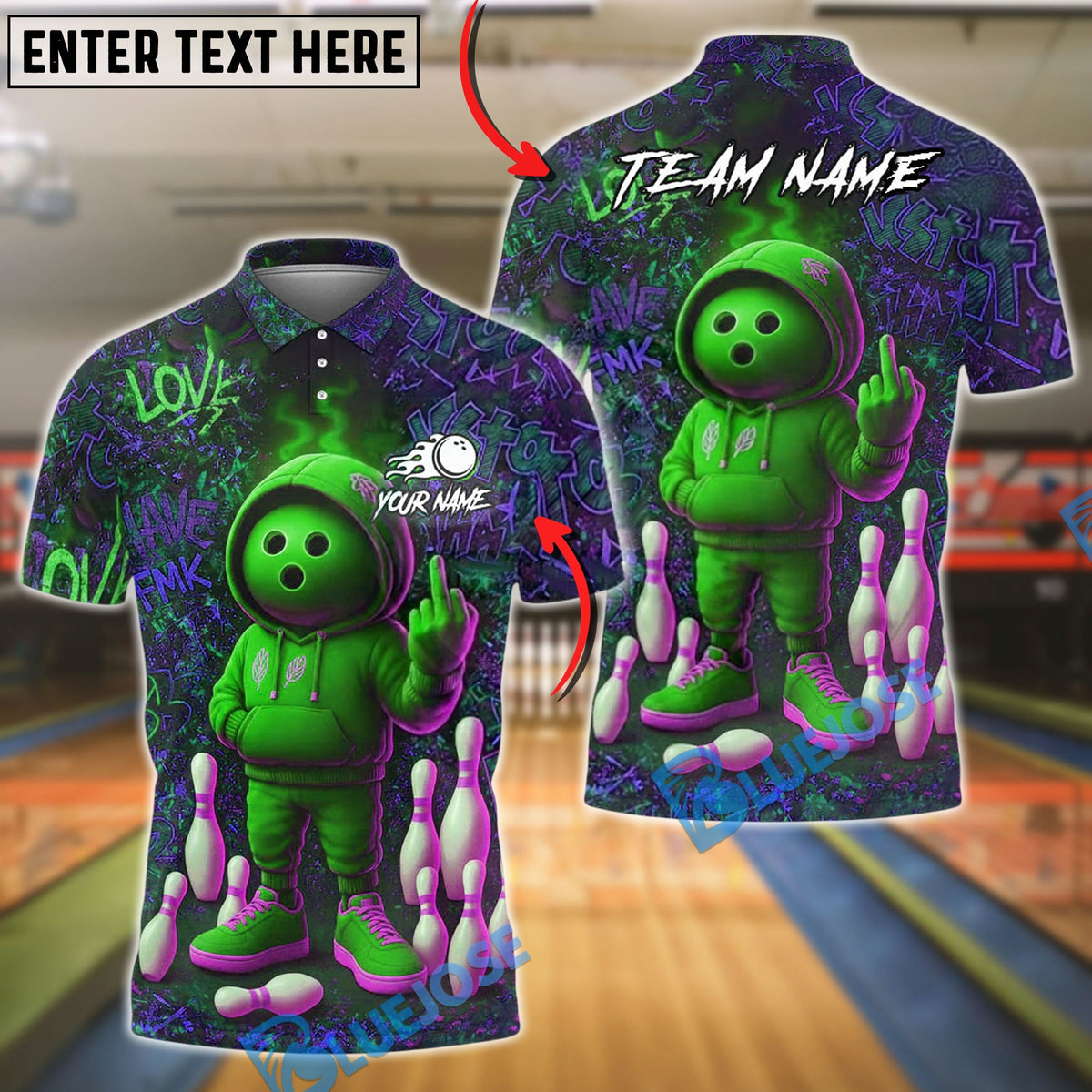 BlueJose Bowling And Pins Graffiti Attitude Dude Customized Name, Team Name 3D Shirt (6 Colors)