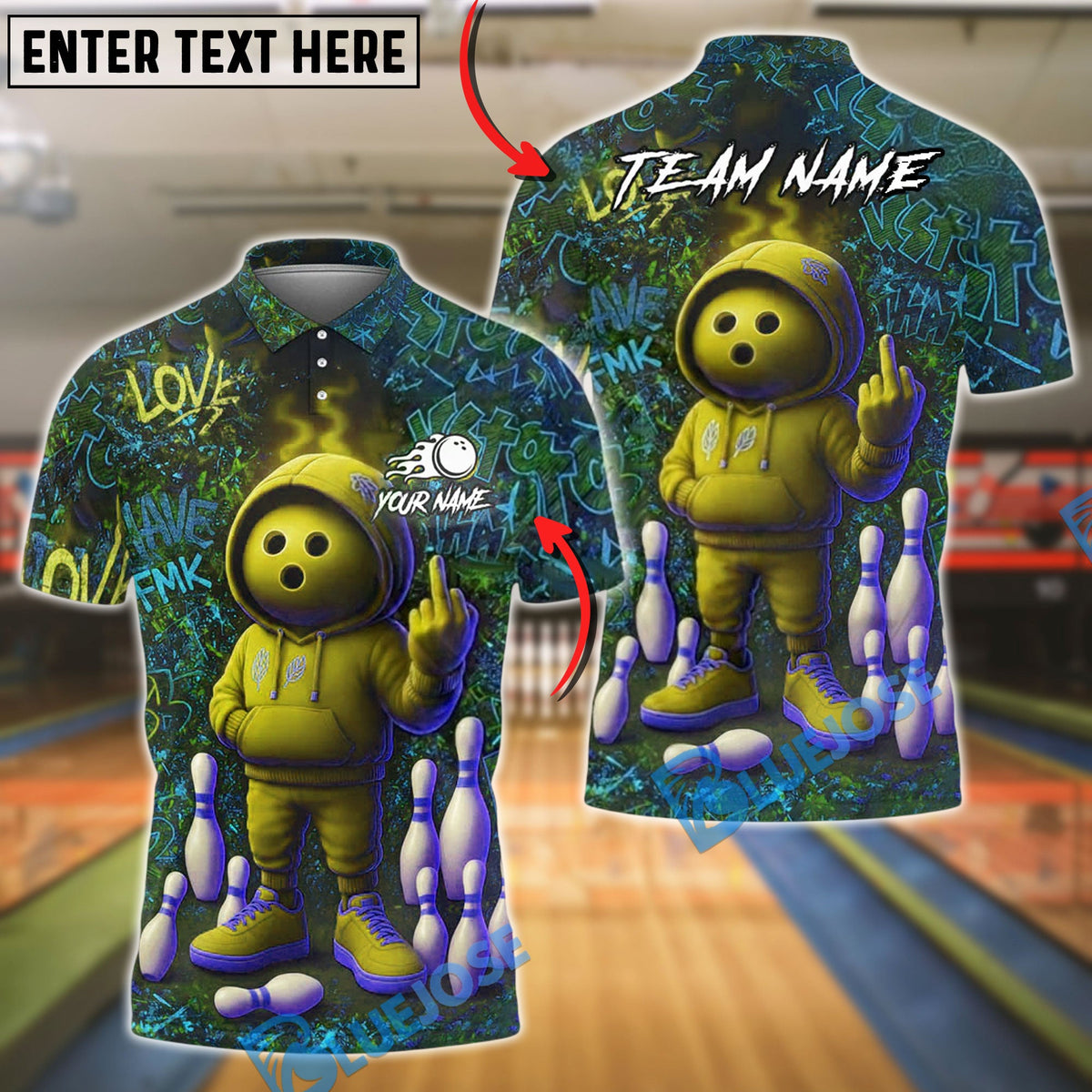 BlueJose Bowling And Pins Graffiti Attitude Dude Customized Name, Team Name 3D Shirt (6 Colors)
