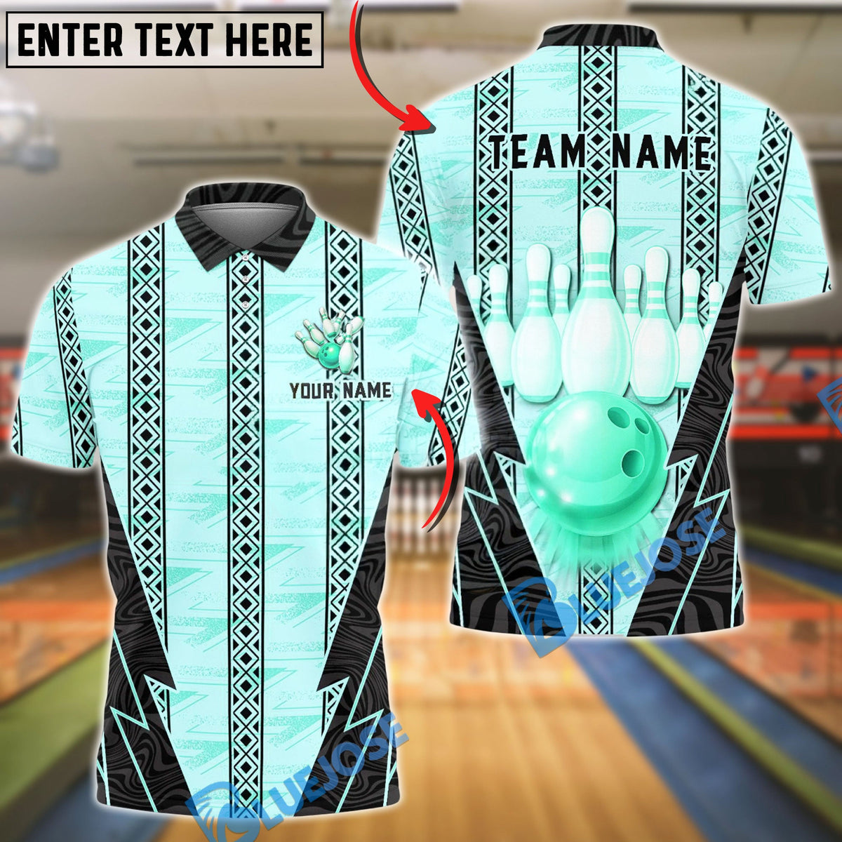 BlueJose Bowling And Pins Tribal Glossy Graphic Customized Name, Team Name 3D Shirt (4 Colors)