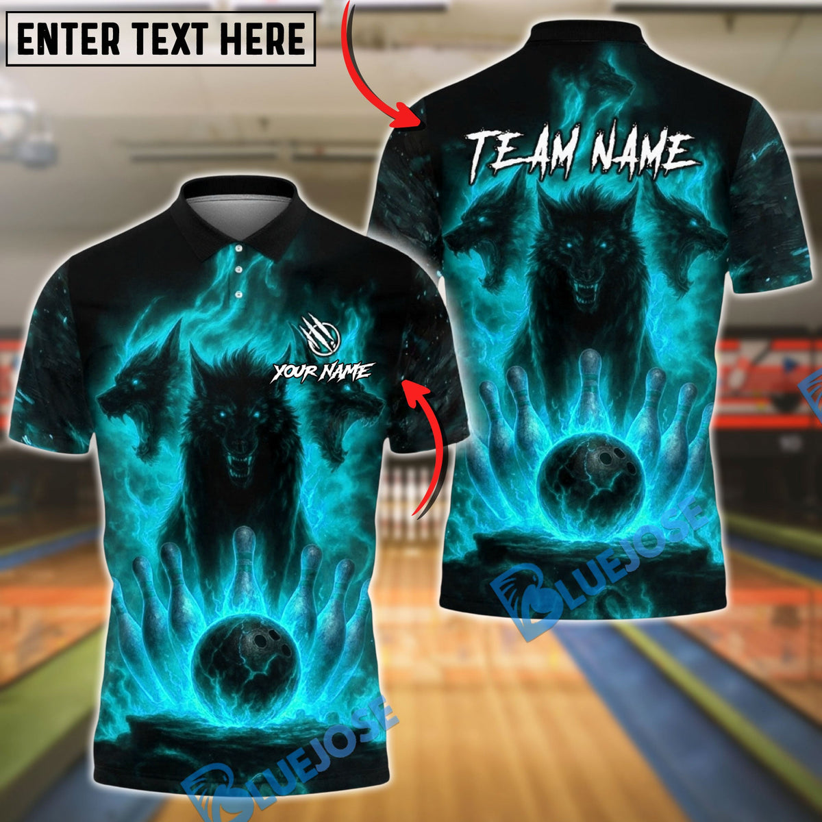 BlueJose Bowling And Pins Fire Wolves Strike Graphic Customized Name, Team Name 3D Shirt (4 Colors)