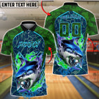 BlueJose Bowling And Pins Shark Bite Flame Graphic Customized Name, Team Name 3D Shirt (4 Colors)