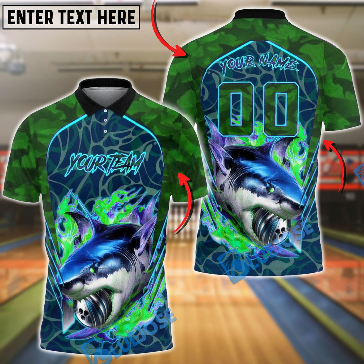 BlueJose Bowling And Pins Shark Bite Flame Graphic Customized Name, Team Name 3D Shirt (4 Colors)