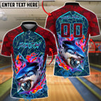 BlueJose Bowling And Pins Shark Bite Flame Graphic Customized Name, Team Name 3D Shirt (4 Colors)