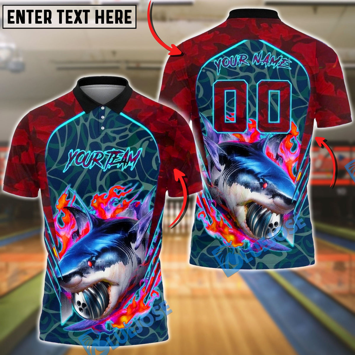 BlueJose Bowling And Pins Shark Bite Flame Graphic Customized Name, Team Name 3D Shirt (4 Colors)