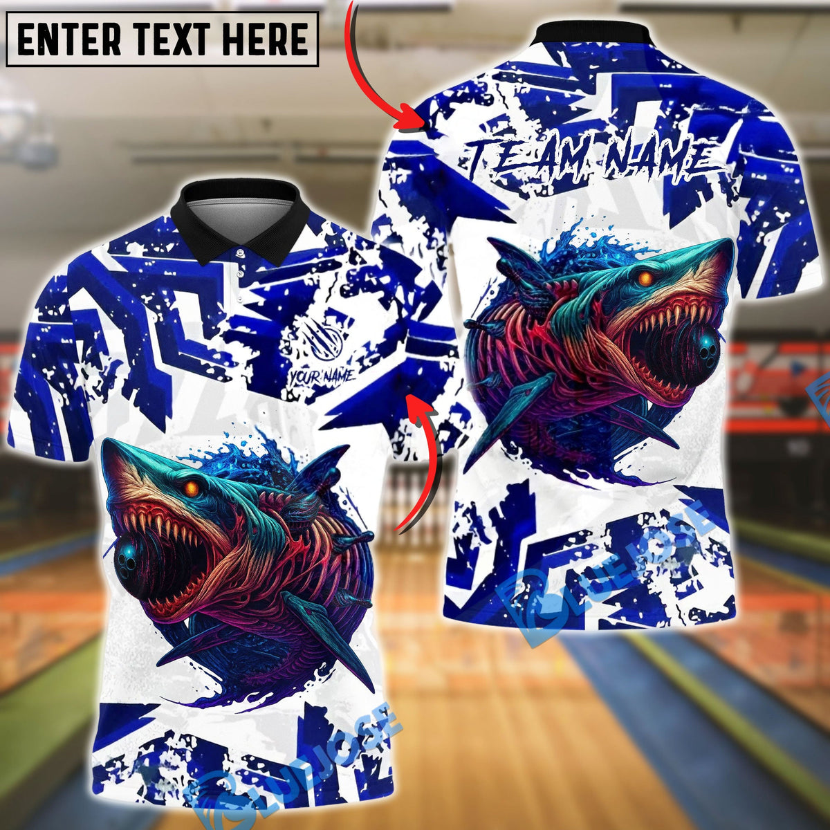 BlueJose Bowling And Pins Monster Shark Strike Graphic Customized Name, Team Name 3D Shirt (4 Colors)