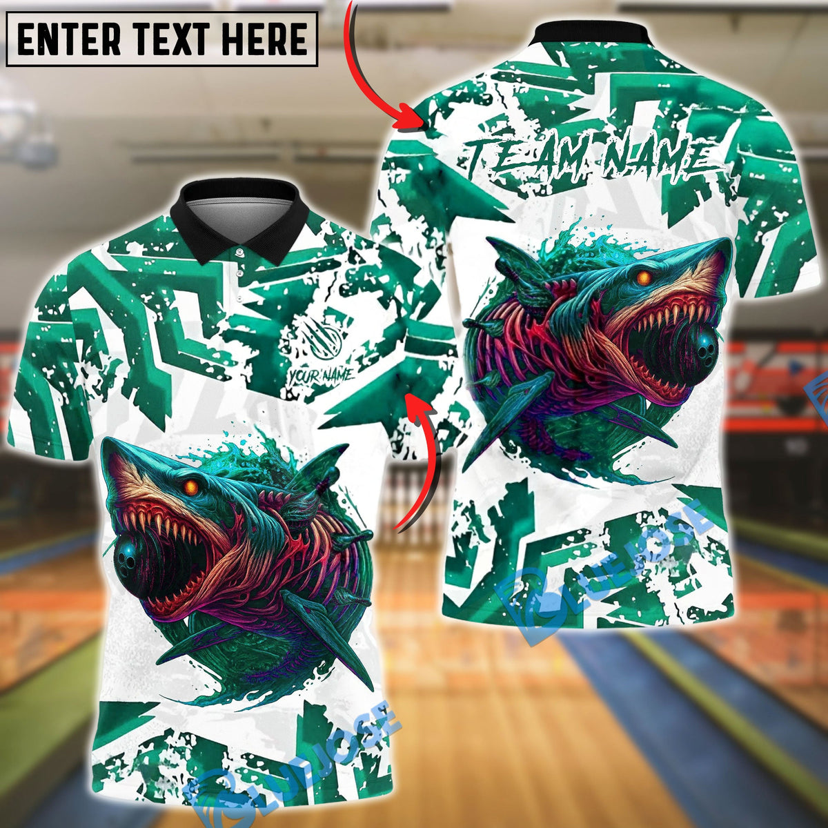 BlueJose Bowling And Pins Monster Shark Strike Graphic Customized Name, Team Name 3D Shirt (4 Colors)