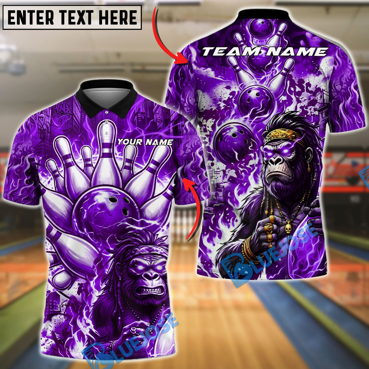 BlueJose Bowling And Pins Gorilla Power Strike Customized Name, Team Name 3D Shirt (4 Colors)