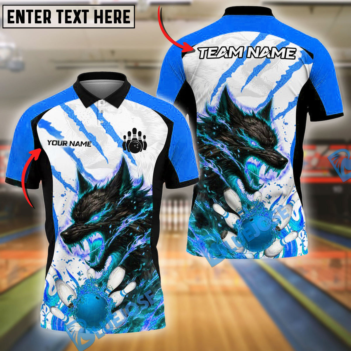BlueJose Bowling And Pins Flame Wolf Customized Name, Team Name 3D Shirt (4 Colors)