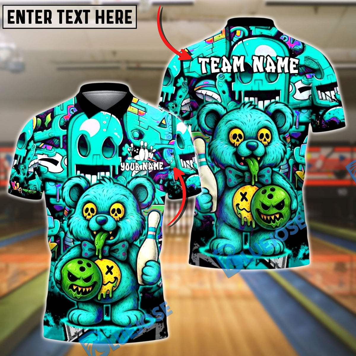 BlueJose Bowling And Pins Zombie Teddy Cartoon Customized Name, Team Name 3D Shirt (4 Colors)