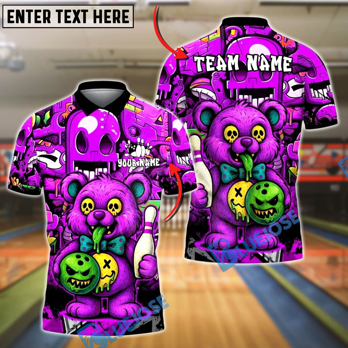 BlueJose Bowling And Pins Zombie Teddy Cartoon Customized Name, Team Name 3D Shirt (4 Colors)