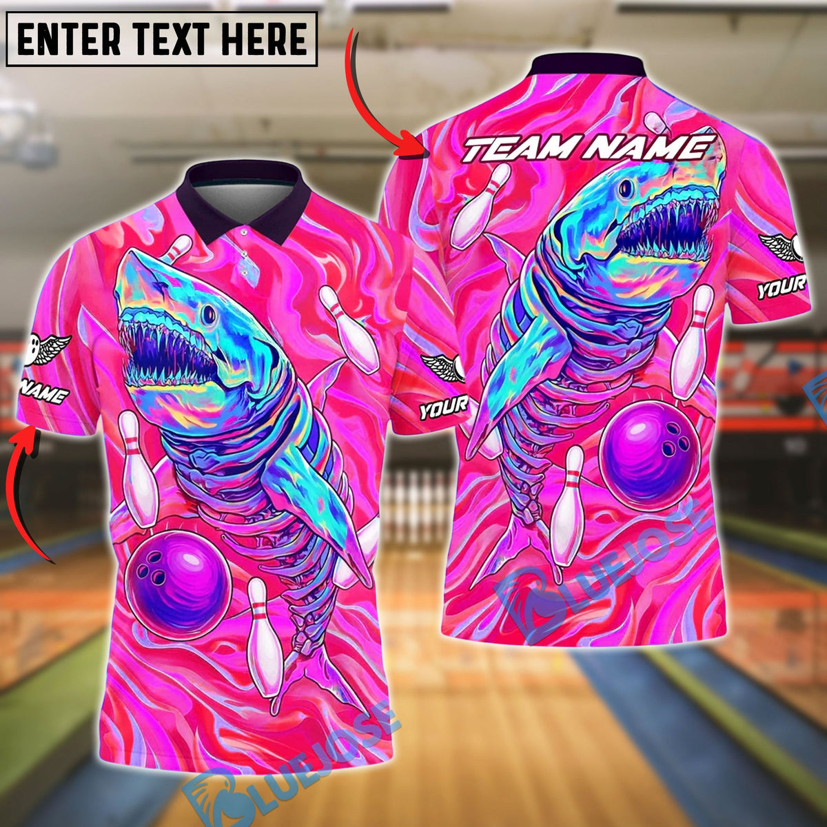 BlueJose Bowling And Pins Deep Sea Shark Neon Style Customized Name, Team Name 3D Shirt (4 Colors)