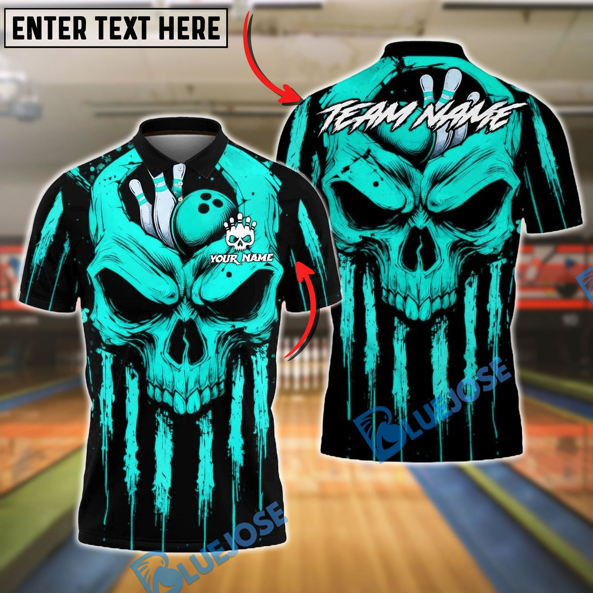 BlueJose Bowling And Pins Grim Skull Drip Art Customized Name, Team Name 3D Shirt (4 Colors)