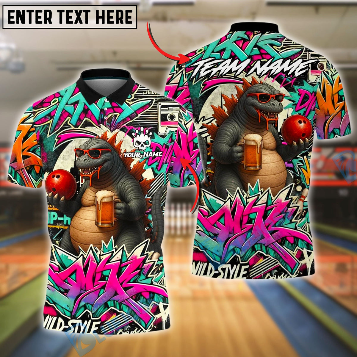 BlueJose Bowling And Pins Godzilla Graffiti Beer Customized Name, Team Name 3D Shirt (4 Colors)
