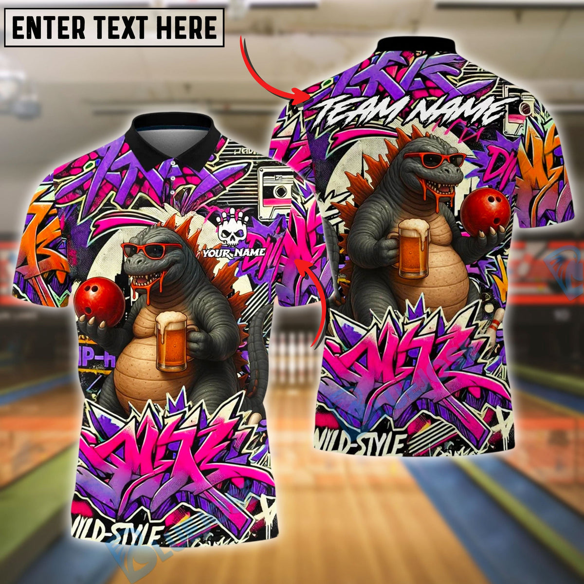 BlueJose Bowling And Pins Godzilla Graffiti Beer Customized Name, Team Name 3D Shirt (4 Colors)