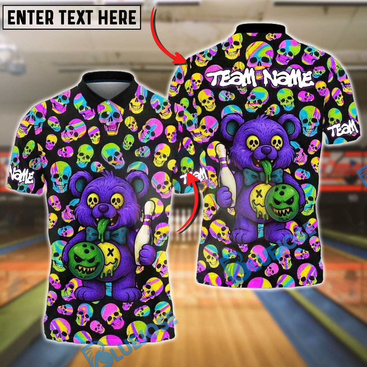 BlueJose Bowling And Pins Crazy Cartoon Teddy Bear Customized Name, Team Name 3D Shirt (4 Colors)