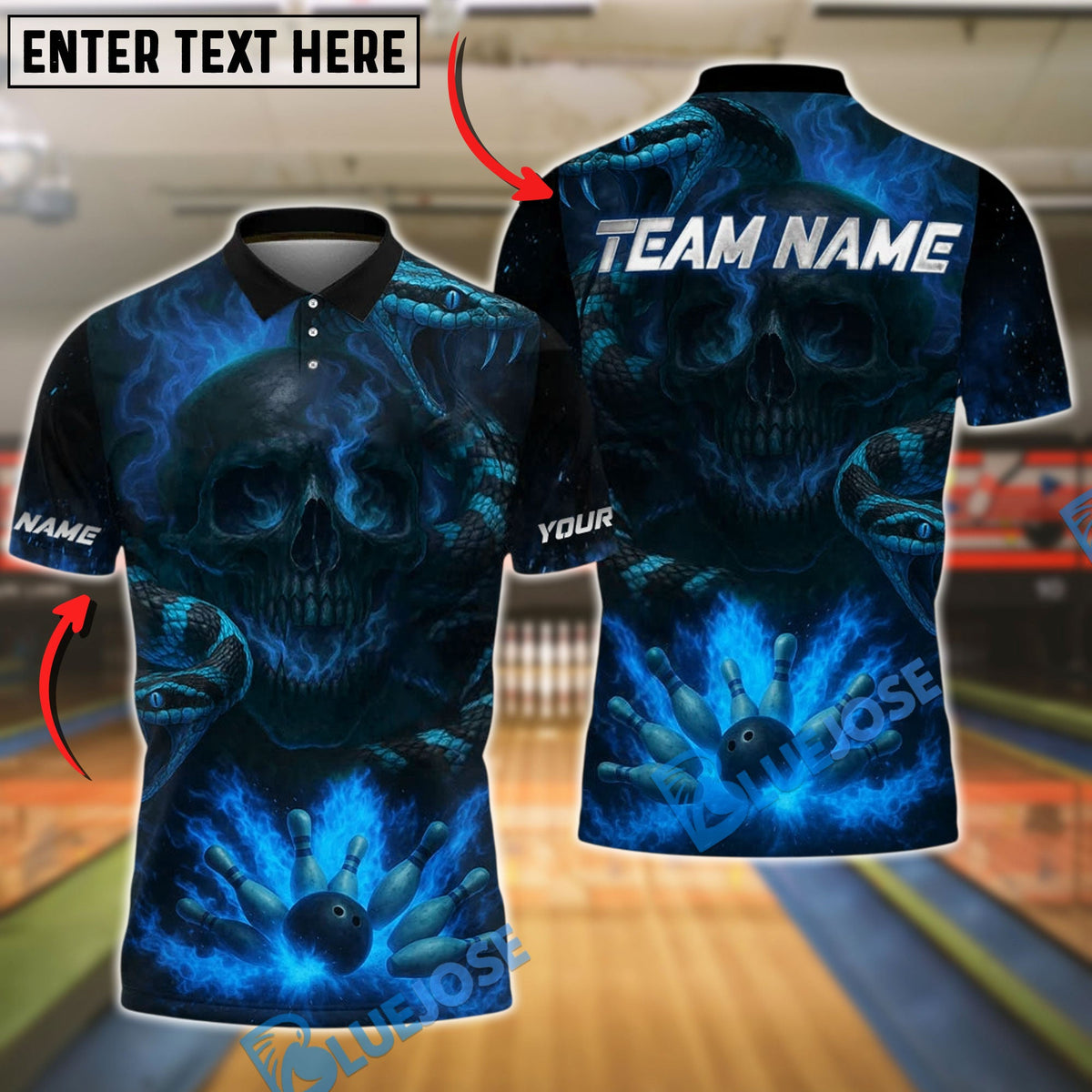 BlueJose Bowling And Pins Evil Snake Skull Smoke Design Customized Name, Team Name 3D Shirt (4 Colors)