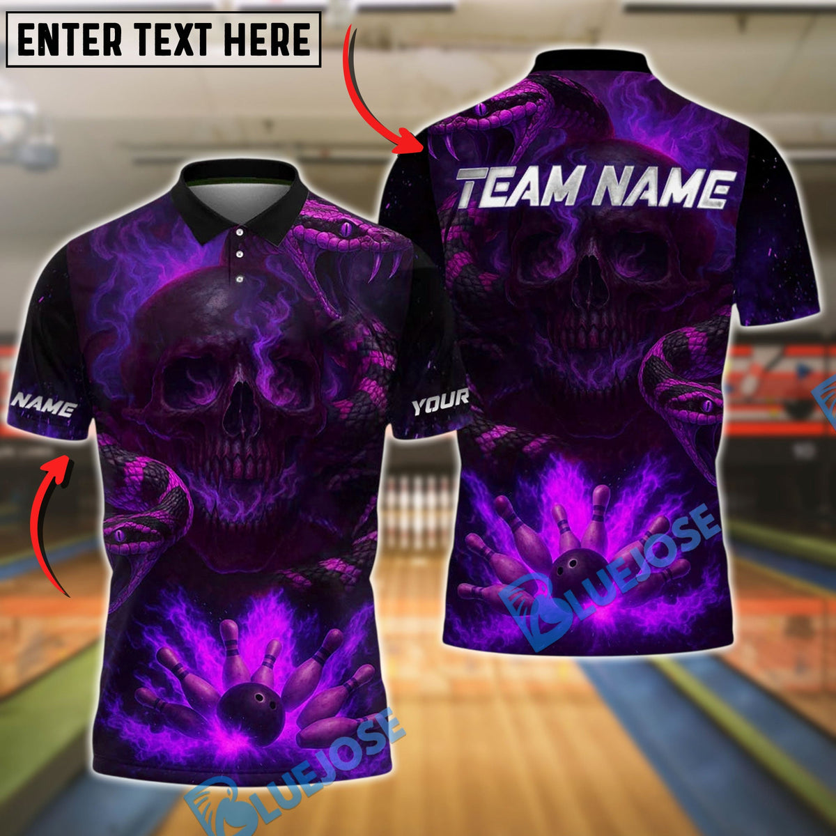 BlueJose Bowling And Pins Evil Snake Skull Smoke Design Customized Name, Team Name 3D Shirt (4 Colors)