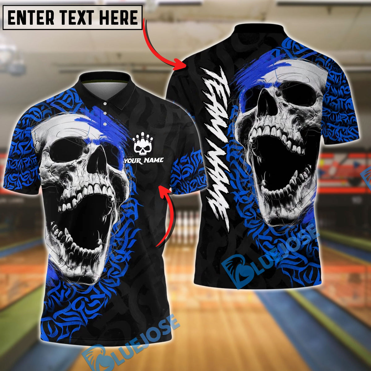 BlueJose Bowling And Pins Skull Gothic Tribal Tattoo Style Customized Name, Team Name 3D Shirt (4 Colors)