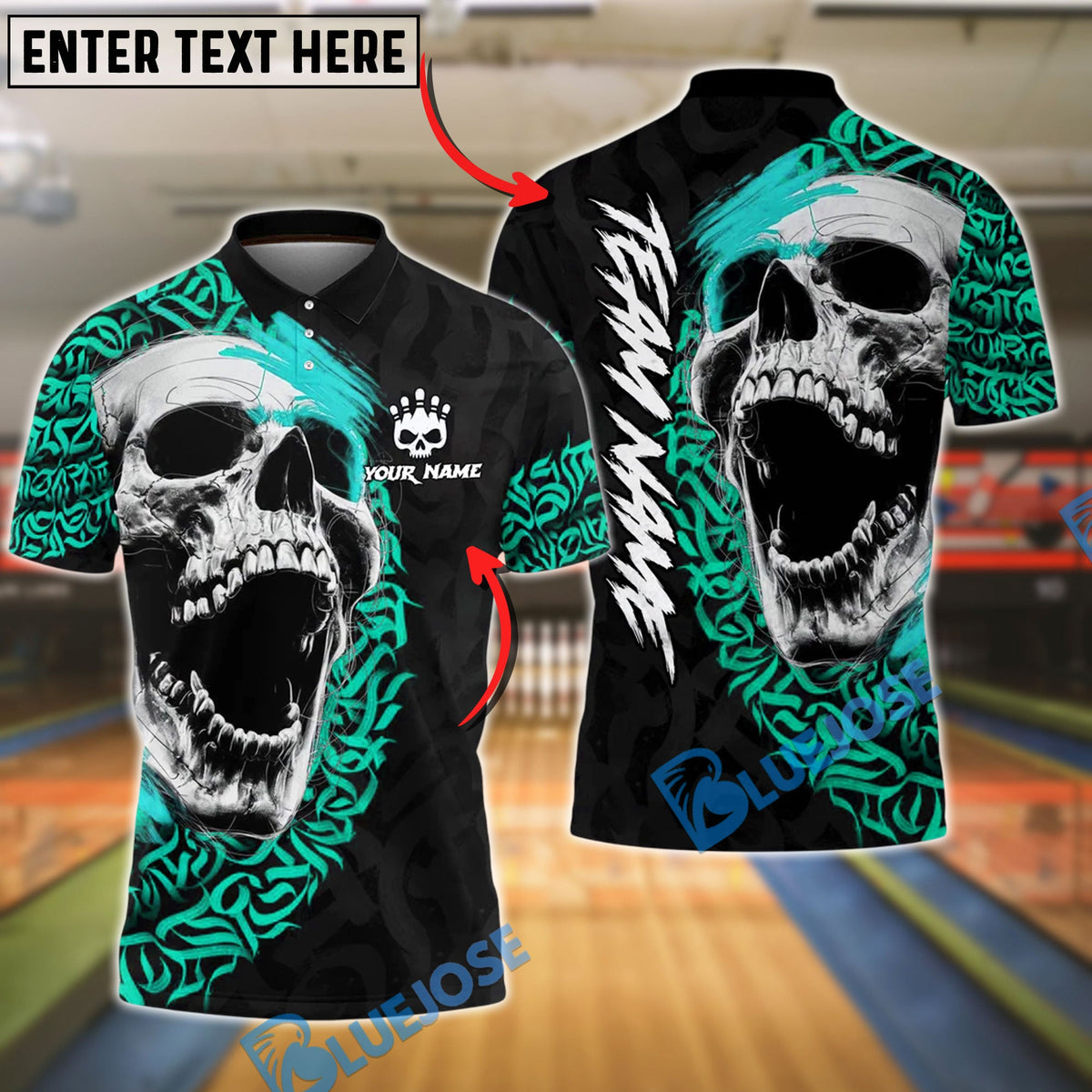 BlueJose Bowling And Pins Skull Gothic Tribal Tattoo Style Customized Name, Team Name 3D Shirt (4 Colors)