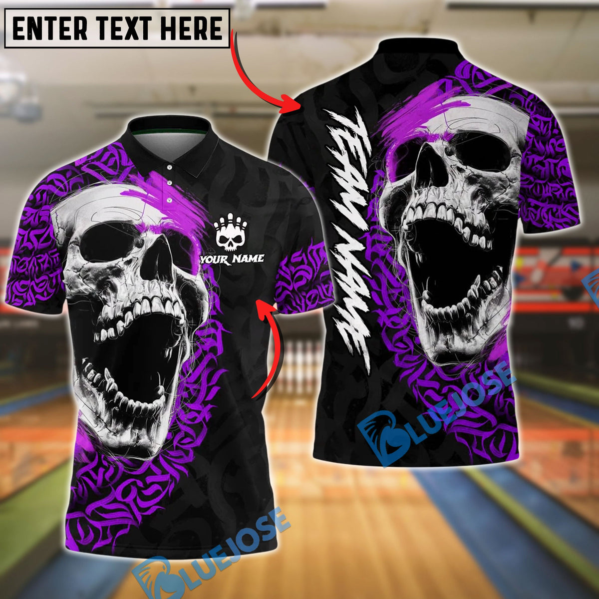 BlueJose Bowling And Pins Skull Gothic Tribal Tattoo Style Customized Name, Team Name 3D Shirt (4 Colors)