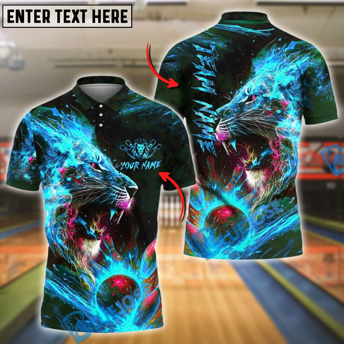 BlueJose Bowling And Pins Fire Raging Lion Customized Name, Team Name 3D Shirt (4 Colors)