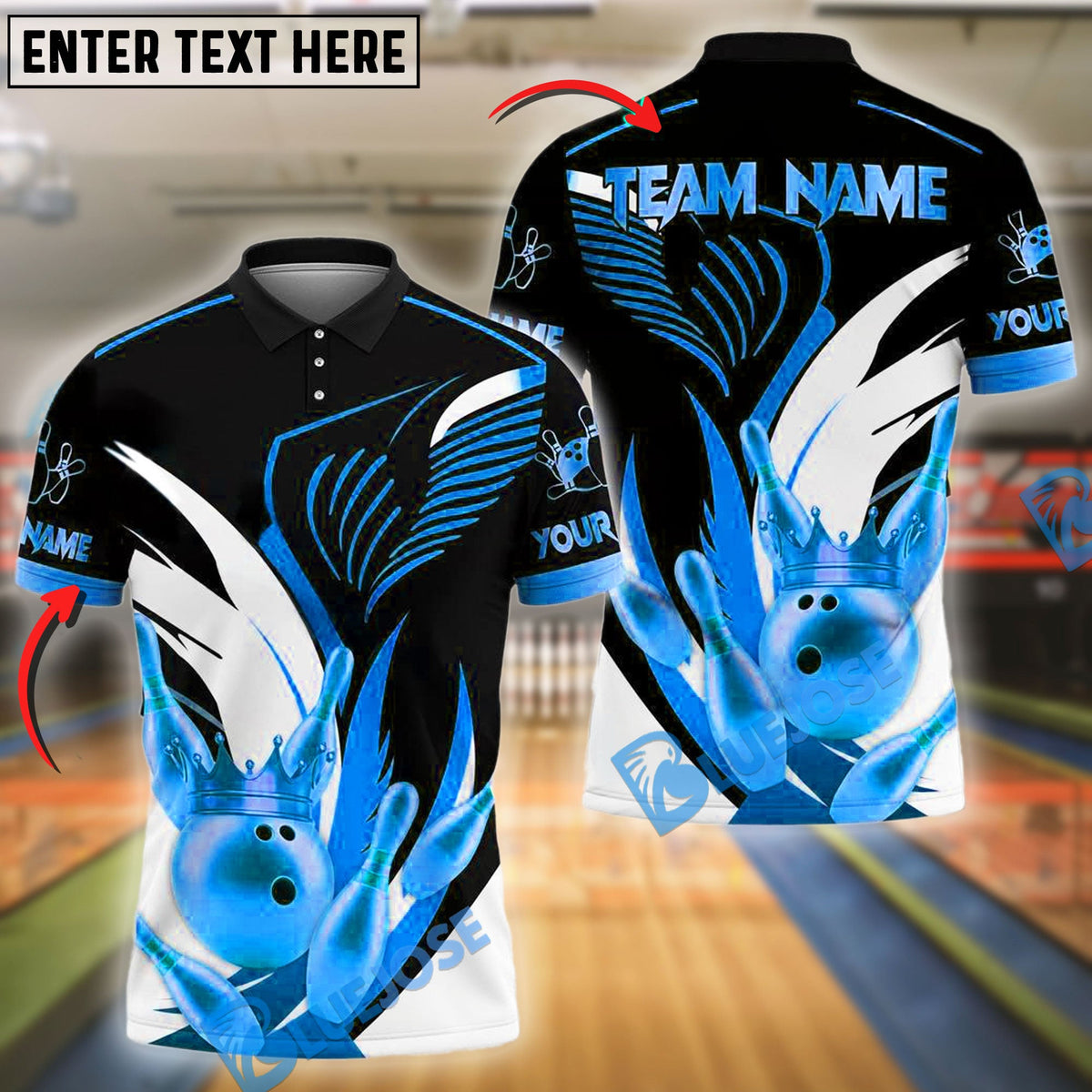 BlueJose Bowling And Pins Golden Crown Customized Name, Team Name 3D Shirt (4 Colors)