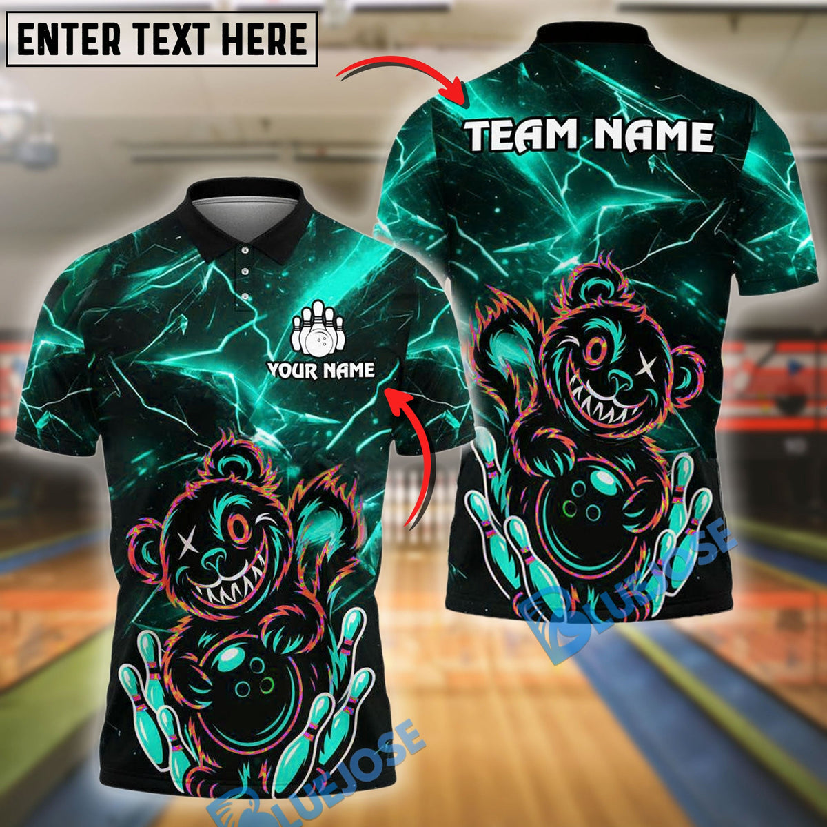 BlueJose Bowling And Pins Crazy Bear with Ball & Pins Customized Name 3D Shirt (4 Colors)