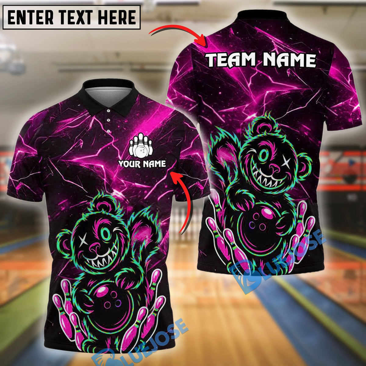 BlueJose Bowling And Pins Crazy Bear with Ball & Pins Customized Name 3D Shirt (4 Colors)