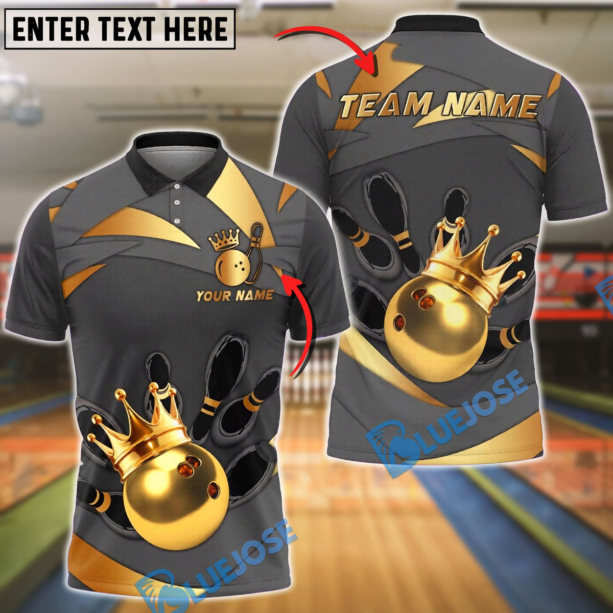 BlueJose Bowling And Pins Golden Crown King Ball Spin Customized Name, Team Name 3D Shirt (6 Colors)