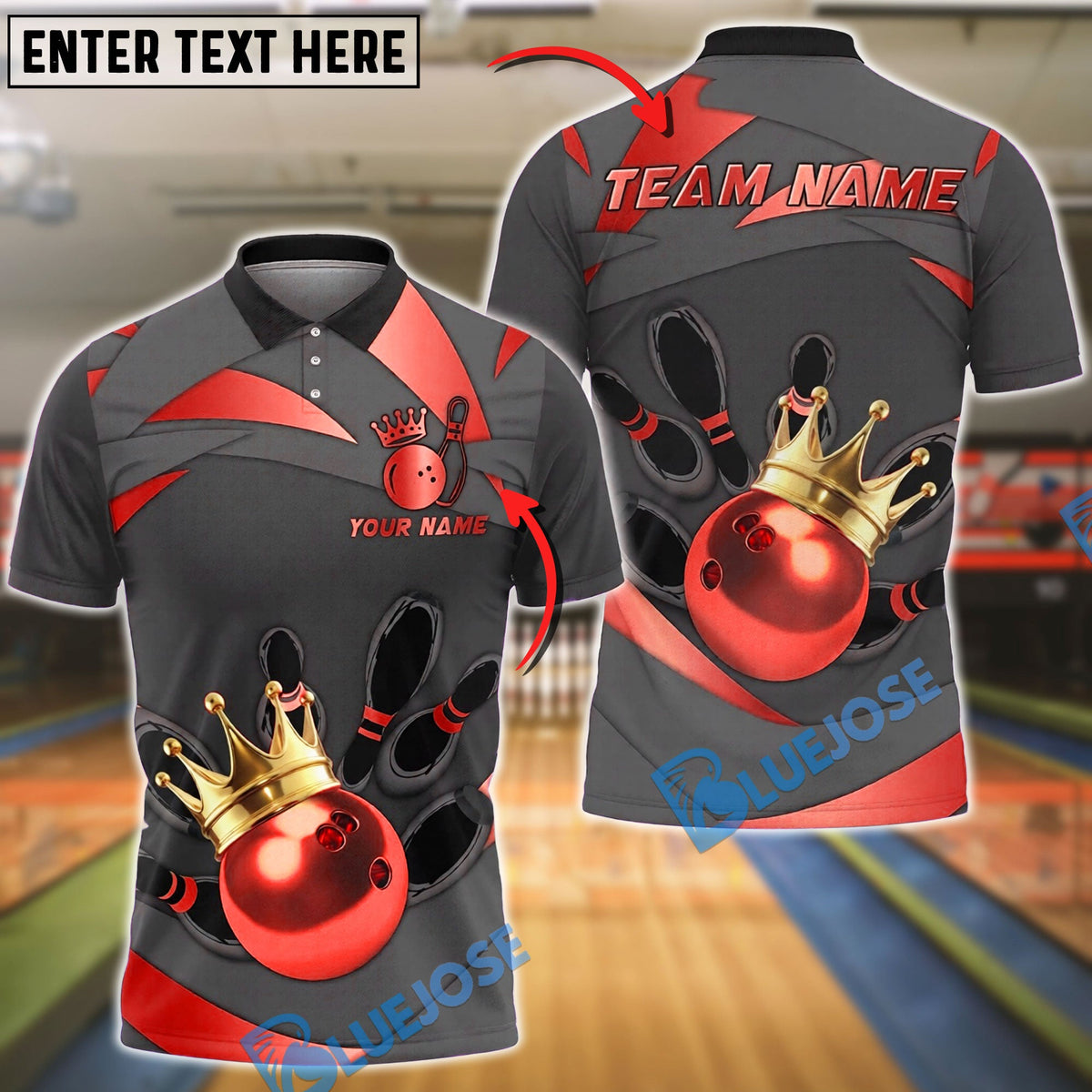 BlueJose Bowling And Pins Golden Crown King Ball Spin Customized Name, Team Name 3D Shirt (6 Colors)