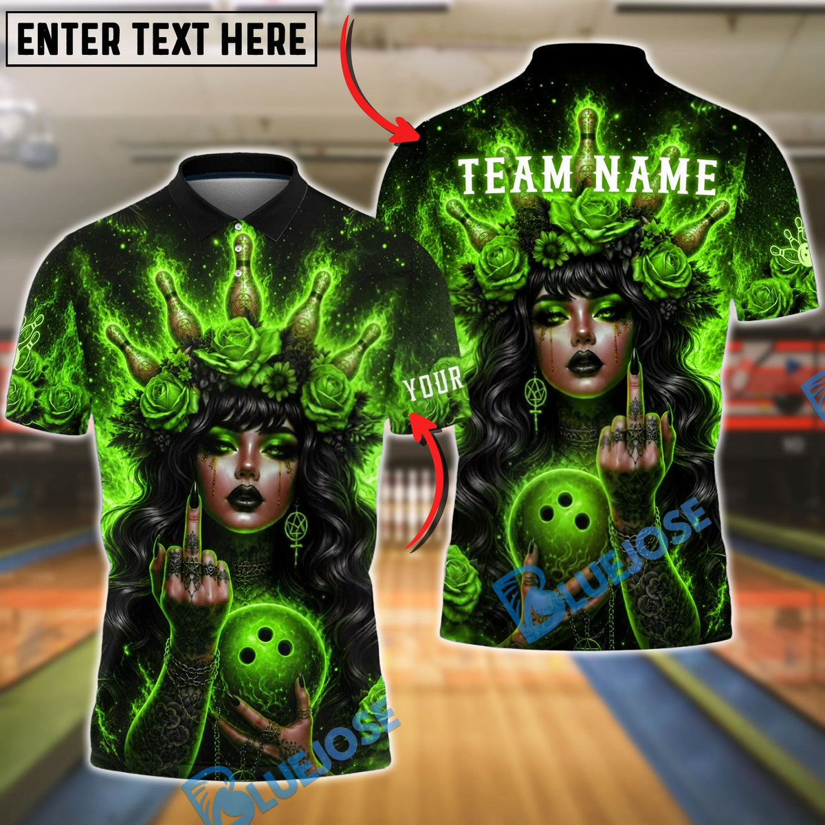 BlueJose Bowling Gothic Fire Woman and Roses Customized Name, Team Name 3D Shirt (4 Colors)