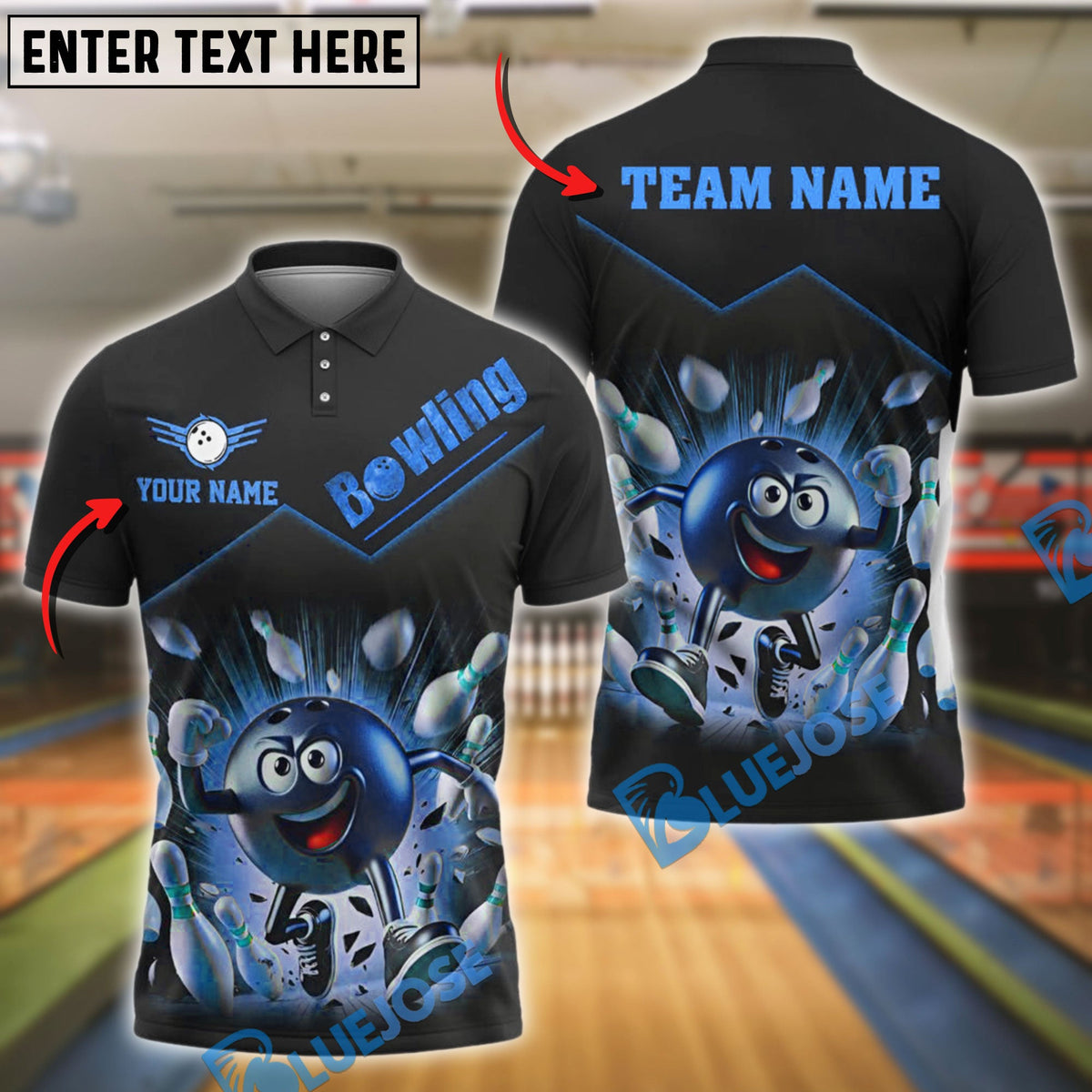 BlueJose Bowling And Pins Strike Power Happy Ball & Flying Pins Customized Name 3D Shirt (4 Colors)