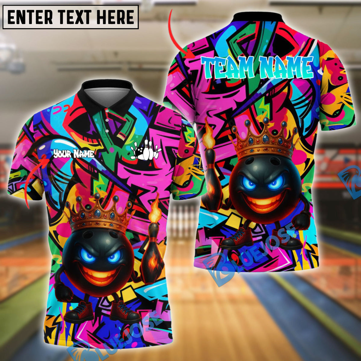 BlueJose Bowling And Pins King Graffiti Crowned Ball with Fire Pins Customized Name 3D Shirt (4 Colors)