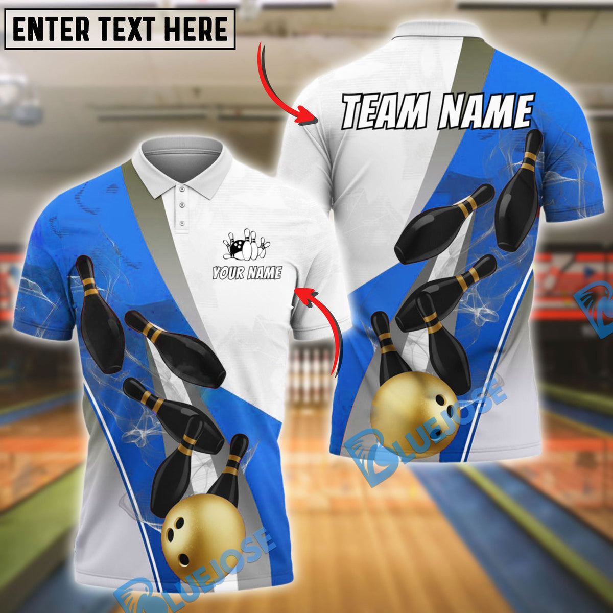 BlueJose Bowling And Pins Elegant Strike Gold Ball & Black Pins Design Customized Name 3D Shirt (4 Colors)