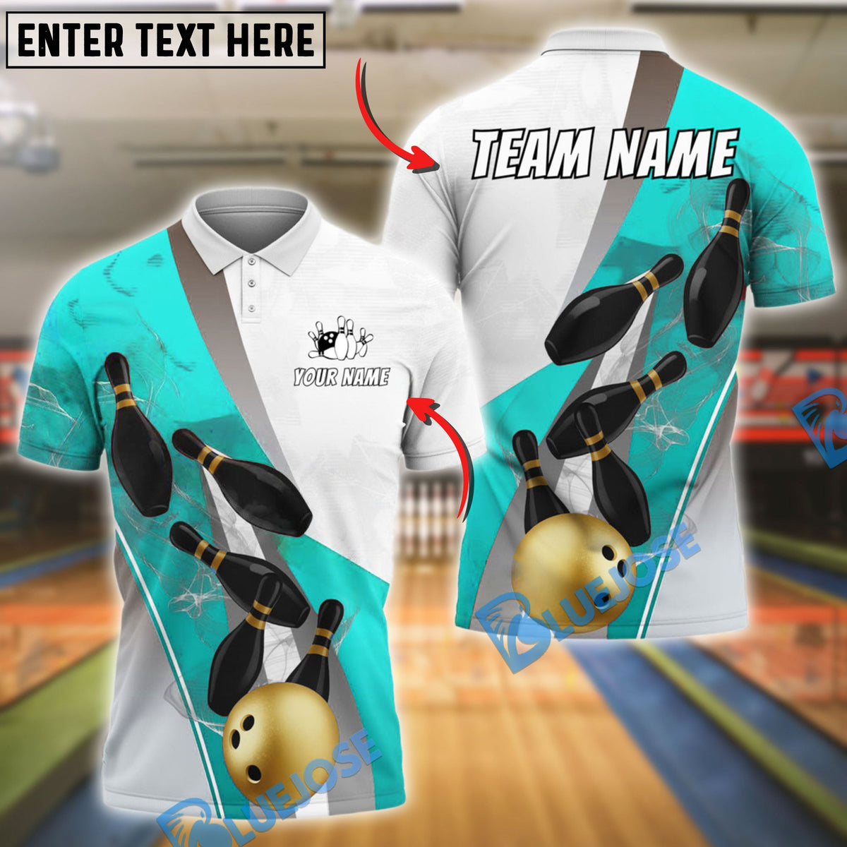 BlueJose Bowling And Pins Elegant Strike Gold Ball & Black Pins Design Customized Name 3D Shirt (4 Colors)