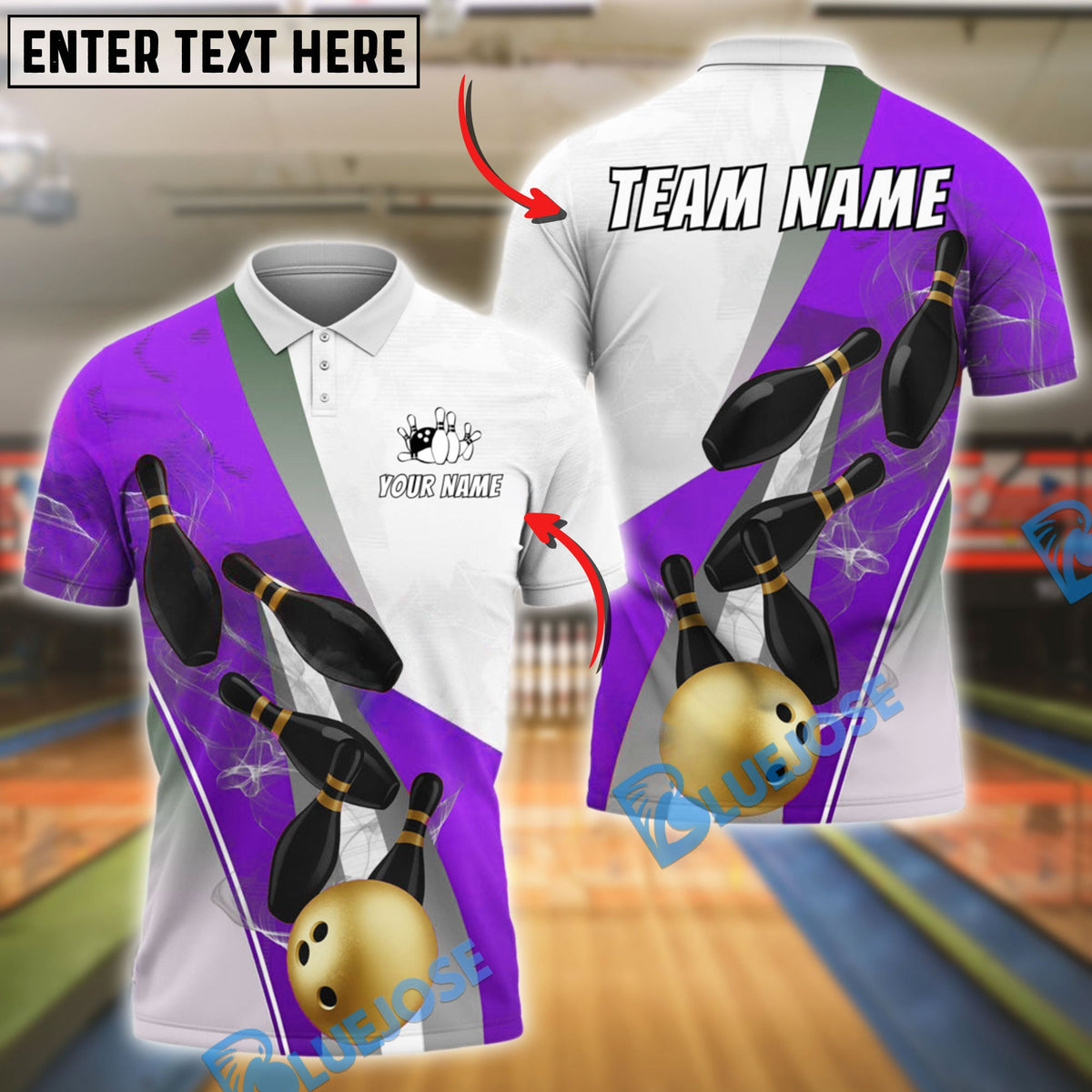 BlueJose Bowling And Pins Elegant Strike Gold Ball & Black Pins Design Customized Name 3D Shirt (4 Colors)