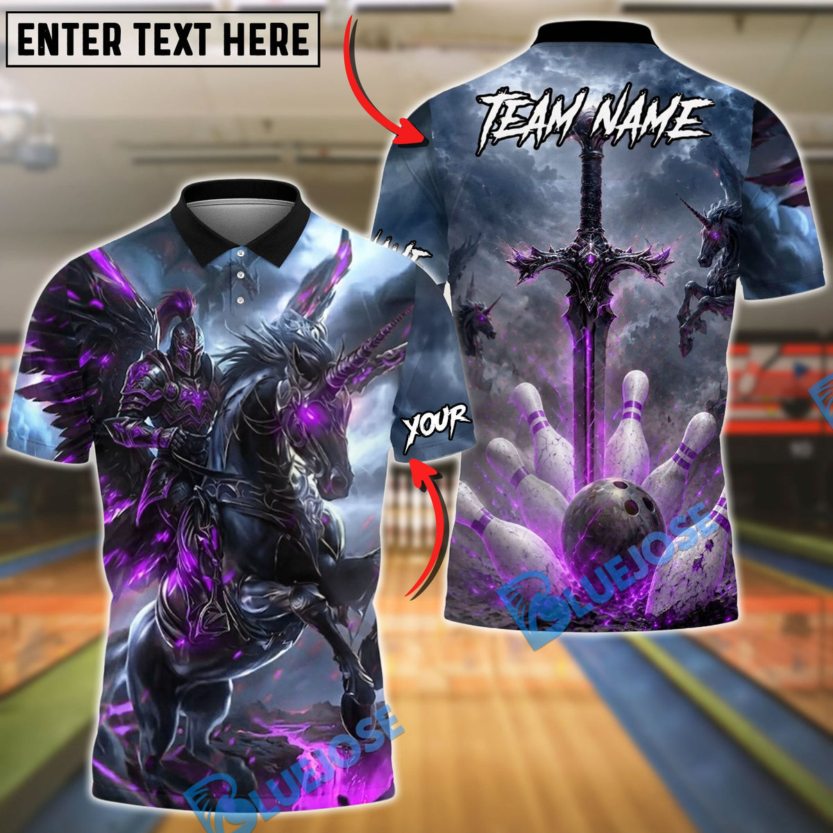 BlueJose Bowling And Pins Dark Fantasy Knight Unicorn Sword Design Customized Name, Team Name 3D Shirt (4 Colors)