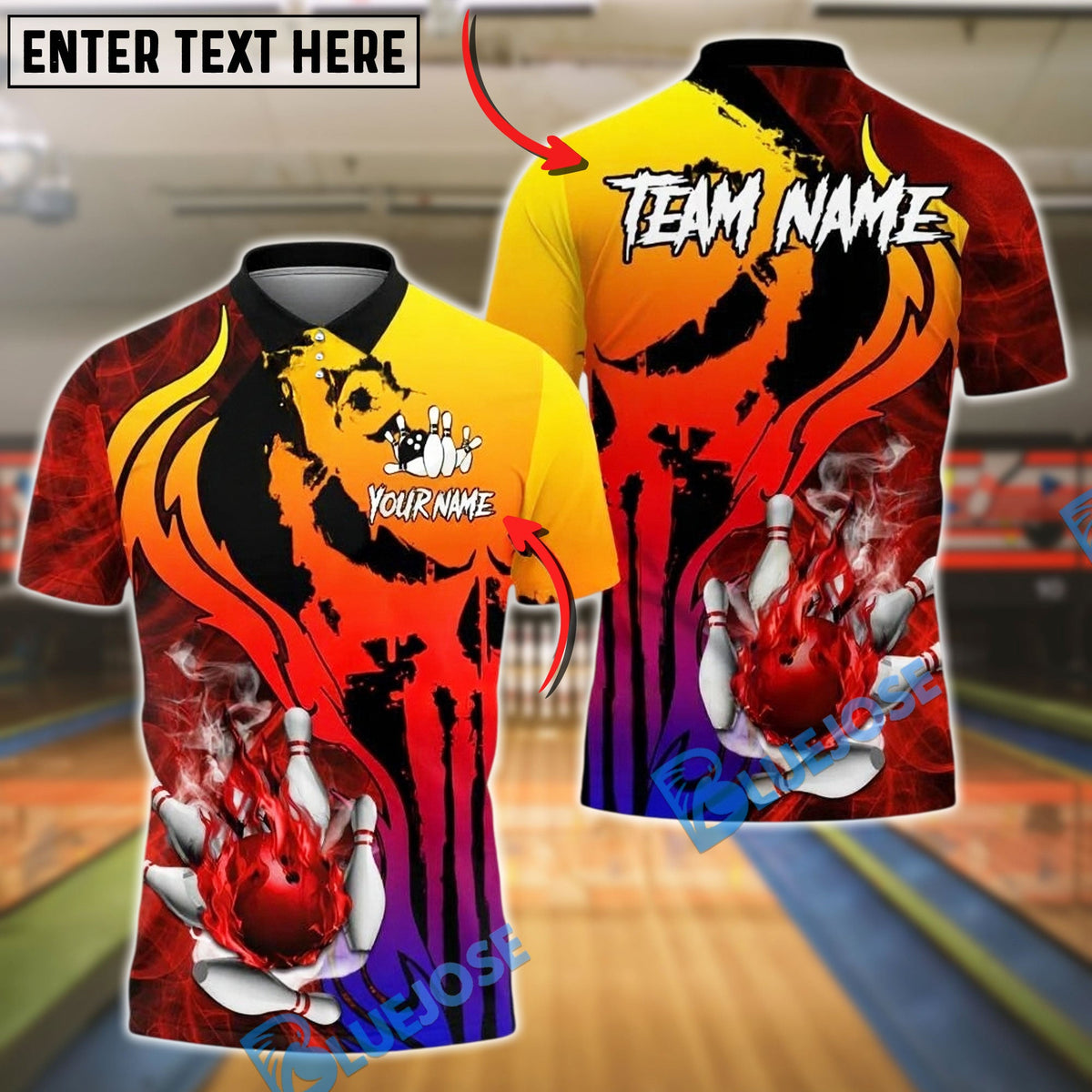 BlueJose Bowling And Pins Fire Flame Punisher Skull Customized Name, Team Name 3D Shirt (4 Colors)