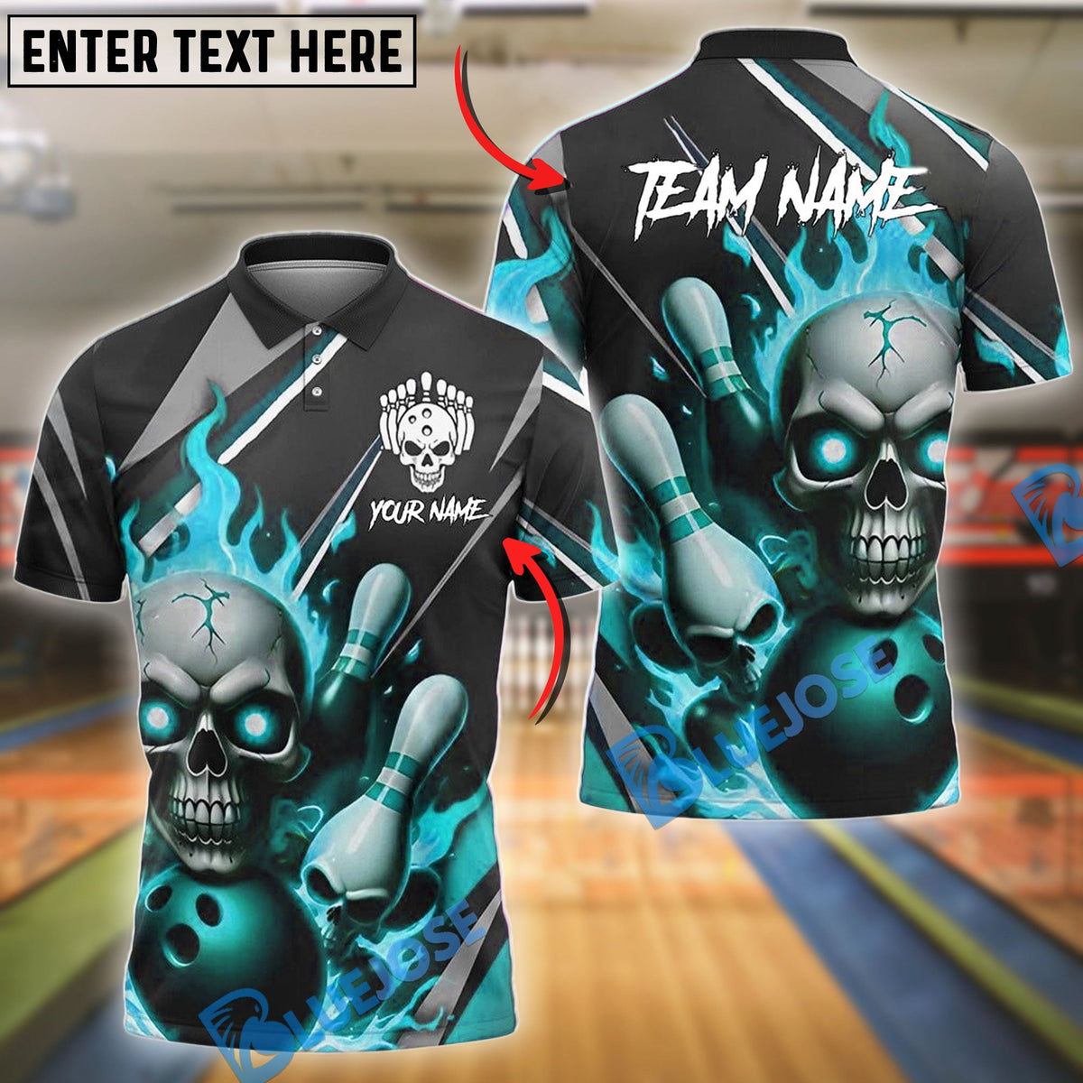 BlueJose Bowling And Pins Skull Flame Customized Name, Team Name 3D Shirt (4 Colors)