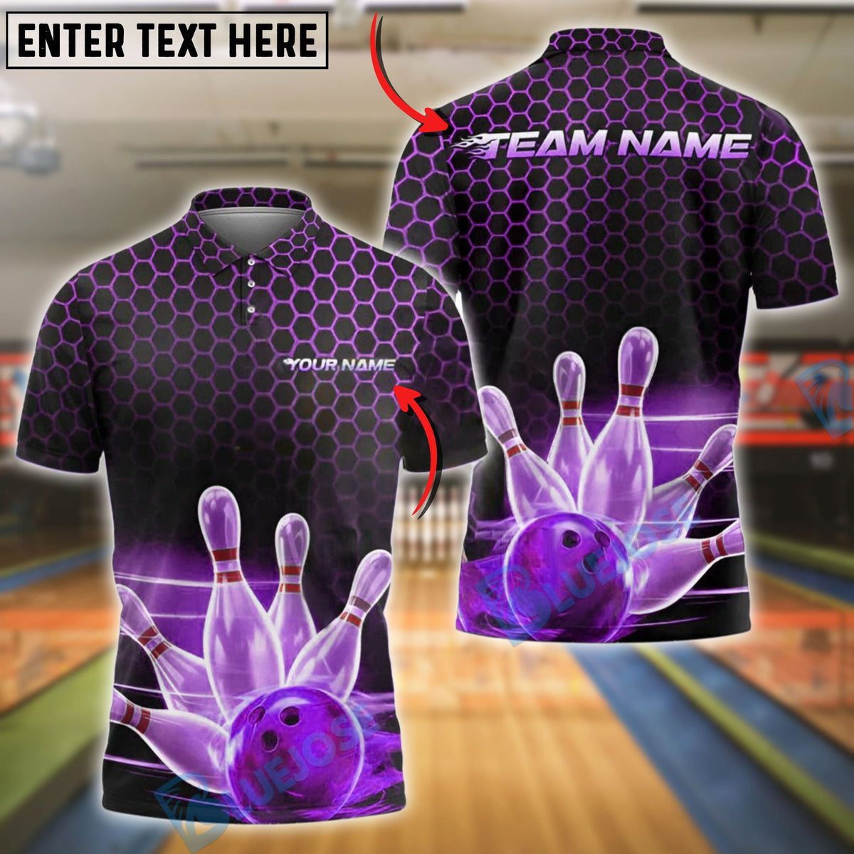 BlueJose Bowling And Pins Hexagon Impact Customized Name, Team Name 3D Shirt (4 Colors)